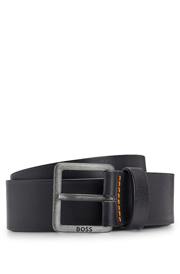 Leather belt with logo-engraved buckle, Black