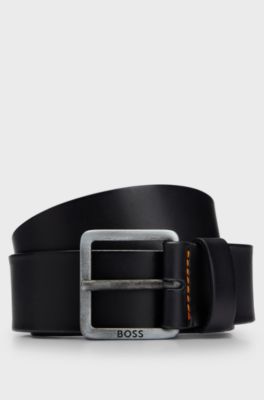 Leather belt with logo and dark ruthenium hardware, Black