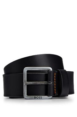 Leather belt with logo and dark ruthenium hardware