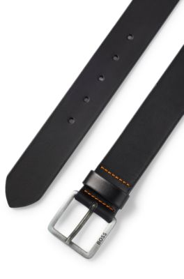 Leather belt with logo and dark ruthenium hardware, Black