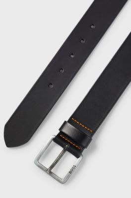 Leather belt with logo and dark ruthenium hardware, Black