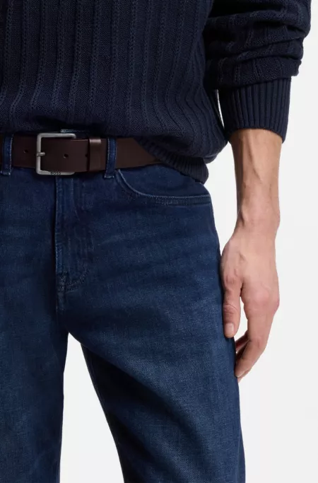 Leather belt with logo and dark ruthenium hardware
