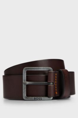Leather belt with logo and dark ruthenium hardware, Dark Brown