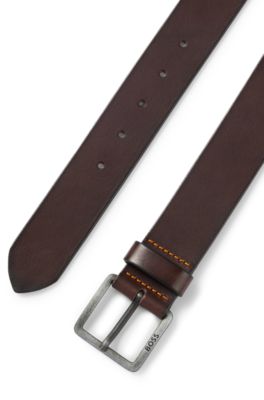 Leather belt with logo and dark ruthenium hardware, Dark Brown
