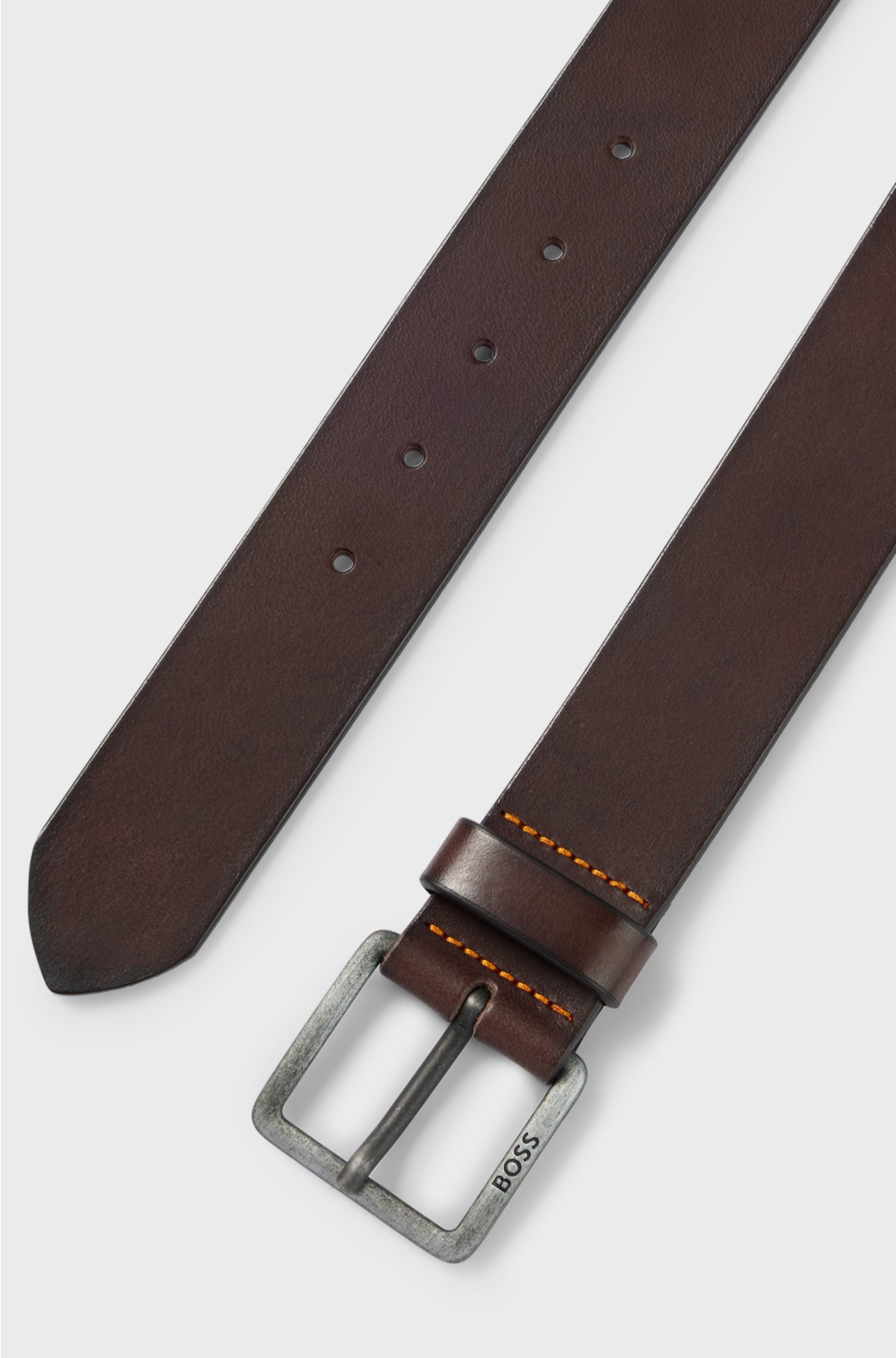 Leather belt with logo-engraved buckle, Dark Brown