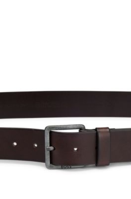 Leather belt with logo and dark ruthenium hardware, Dark Brown