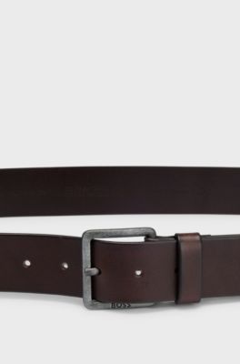 Leather belt with logo and dark ruthenium hardware, Dark Brown
