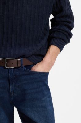 Leather belt with logo and dark ruthenium hardware, Dark Brown