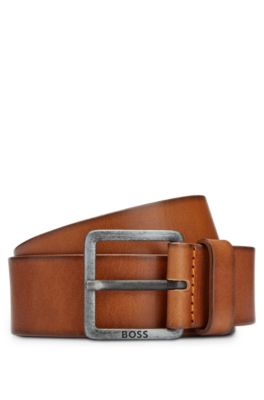 Leather belt with logo and dark ruthenium hardware, Brown