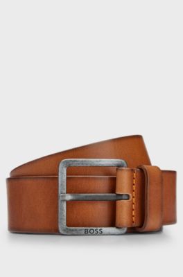 Leather belt with logo and dark ruthenium hardware, Brown