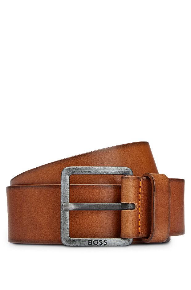 Leather belt with logo-engraved buckle, Brown