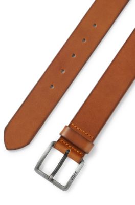 Leather belt with logo and dark ruthenium hardware, Brown