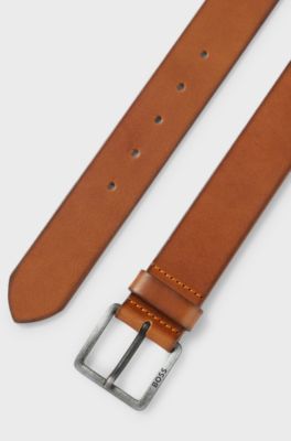 Leather belt with logo and dark ruthenium hardware, Brown