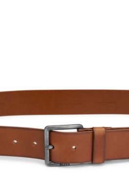 Leather belt with logo and dark ruthenium hardware, Brown