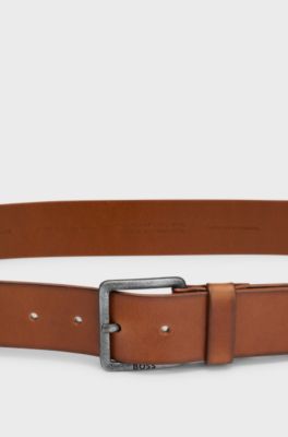 Leather belt with logo and dark ruthenium hardware, Brown