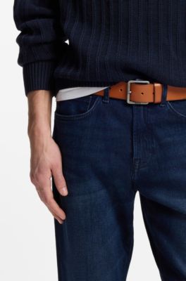 Leather belt with logo and dark ruthenium hardware, Brown