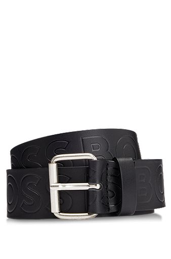 Italian-leather belt with logo-print strap, Black