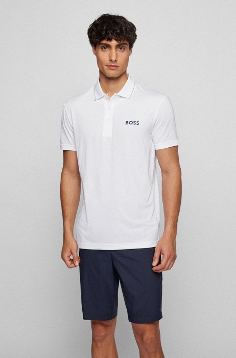 Polo in jersey elasticizzato ad alte prestazioni con logo, Bianco
