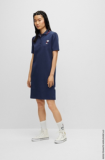 七夕BOSS X PEANUTS联名系列专有艺术风图案棉质 Polo 连衣裙,  404_Dark Blue