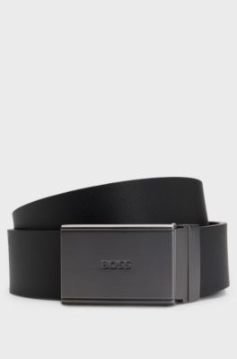Italian-leather reversible belt with pin and plaque buckles, Black