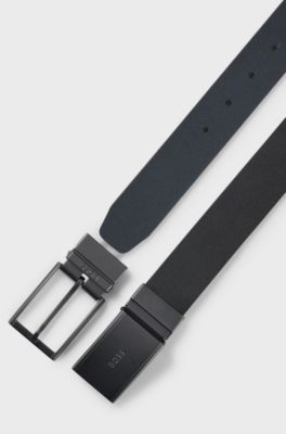 Italian-leather reversible belt with pin and plaque buckles, Black