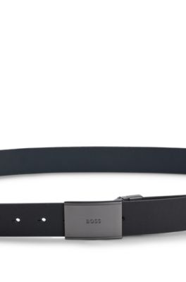 Italian-leather reversible belt with pin and plaque buckles, Black