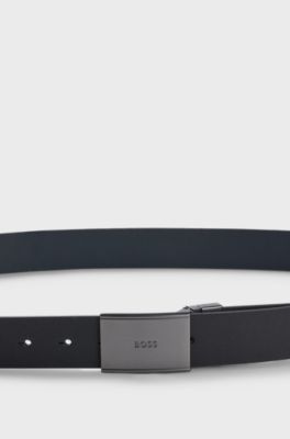 Italian-leather reversible belt with pin and plaque buckles, Black