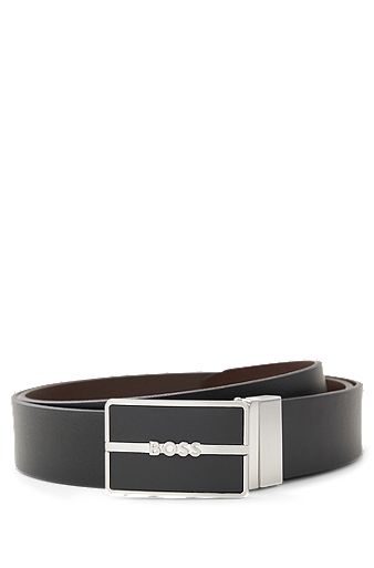 Two-tone reversible leather belt with pin and plaque buckles, Black