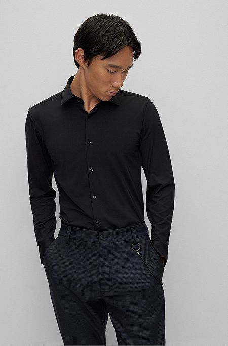 Slim-fit shirt in performance-stretch jersey, Black