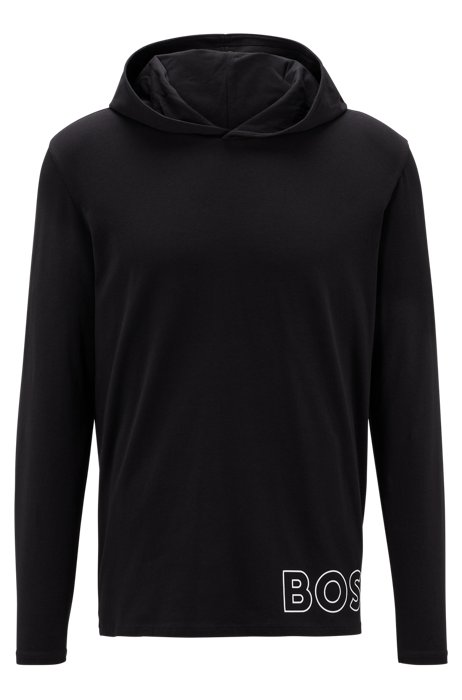 Stretch-cotton hooded pajama T-shirt with logo print, Black
