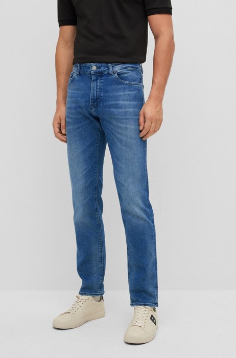 Regular-fit jeans in distressed-blue comfort-stretch denim, Blue