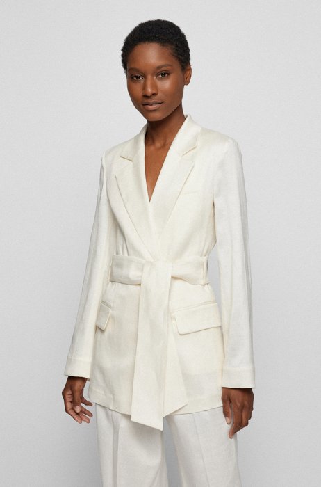 Belted jacket in stretch fabric with linen, White
