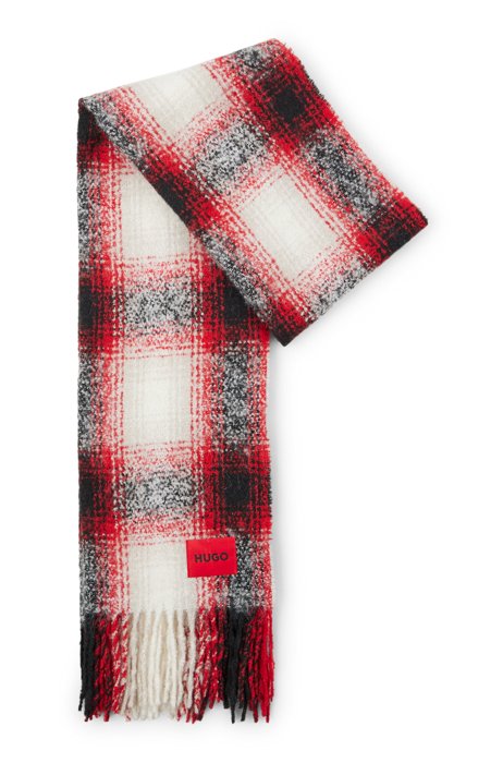 Checked scarf with red logo label in soft yarns, Red