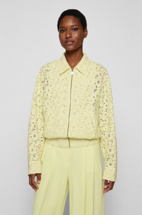 Relaxed-fit zip-up jacket in cotton-blend lace, Yellow