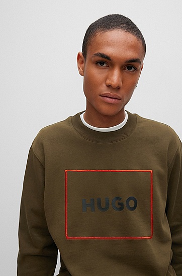 HUGO 雨果红色边框徽标图案棉质毛圈布运动衫,  303_Dark Green
