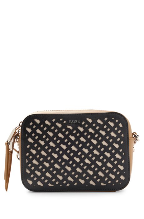 Leather crossbody bag with monogram pattern and adjustable strap, Black Patterned