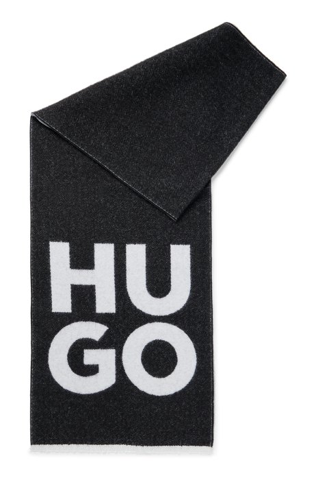 Fringed scarf with contrast logo, Black
