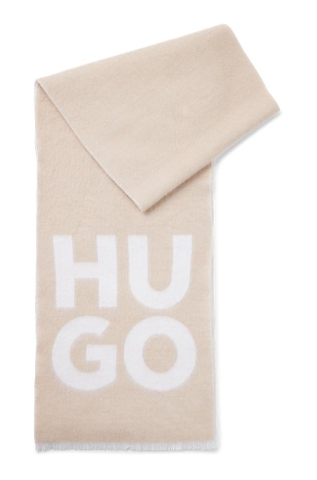 Fringed scarf with contrast logo, Light Beige