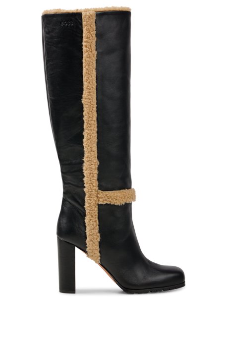 Nappa-leather boots with teddy trim and block heel, Black