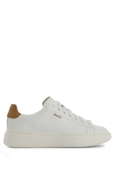 Leather trainers with contrast backtab and logo, White