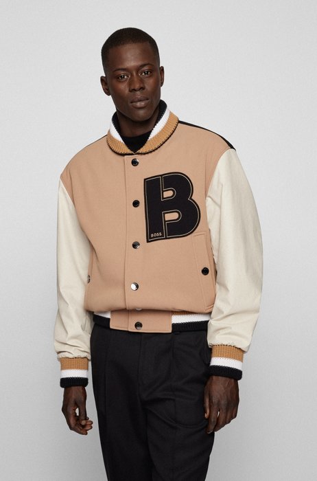 Unisex relaxed-fit bomber jacket with logo details, Beige