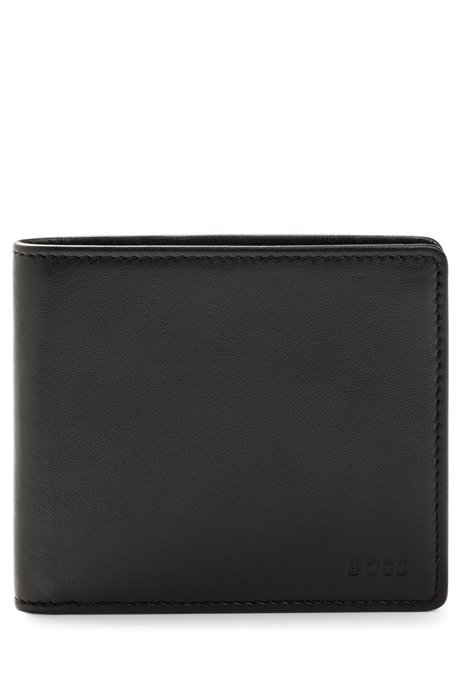 Billfold wallet in grained leather with embossed logos, Black