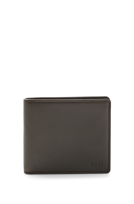 Billfold wallet in grained leather with embossed logos, Dark Brown