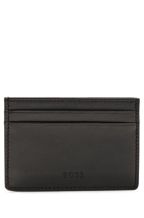 Card holder in grained leather with embossed logo, Black