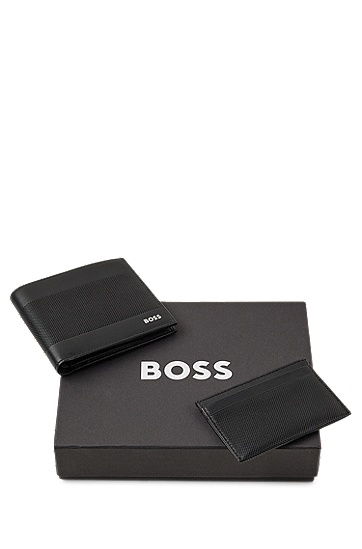 BOSS 博斯饰有压花的皮革钱包和卡包礼物套装,  001_Black