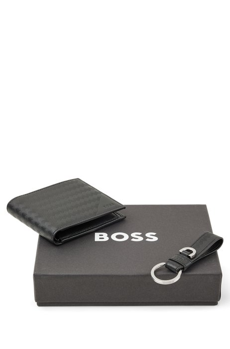 Gift-boxed wallet and key ring in embossed leather, Black
