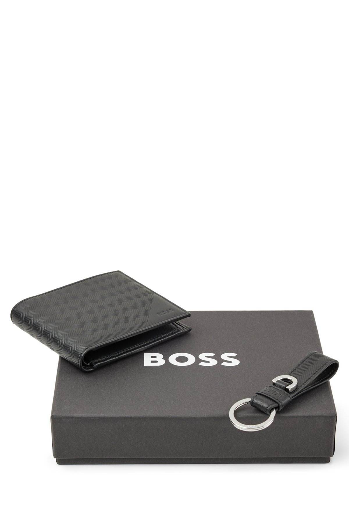 BOSS - Coffret cadeau avec portefeuille et porte-clés en cuir embossé