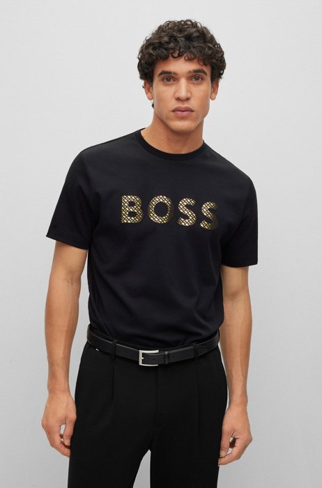 Camiseta de algodón interlock con logo de iniciales, Negro
