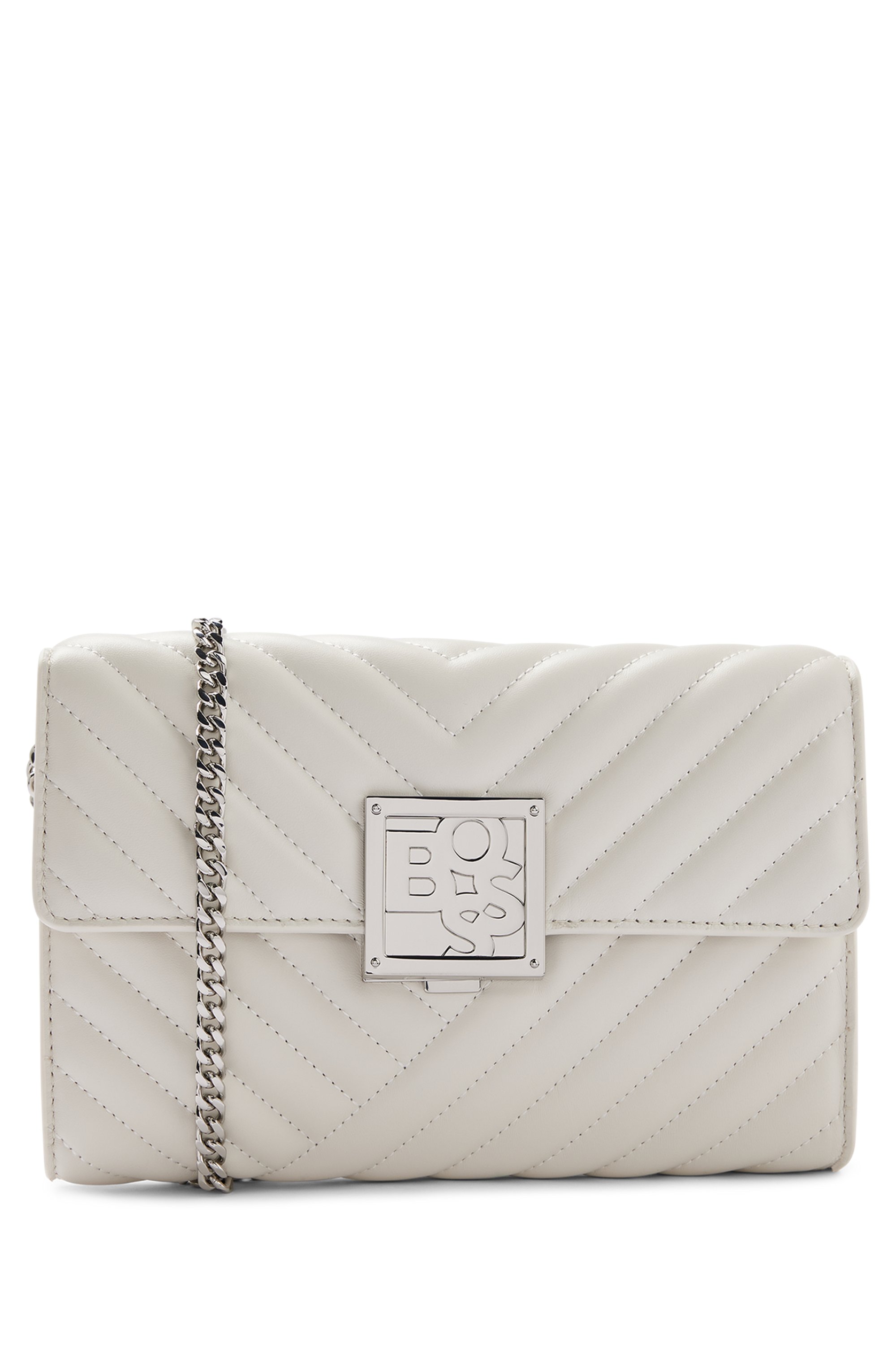 Quilted-leather crossbody bag with logo closure, Light Beige