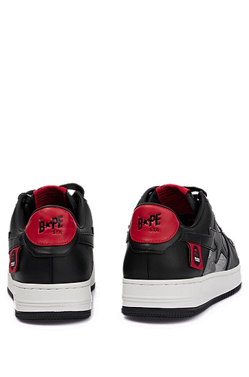 BAPE联名合作款品牌标识图案皮革鞋面低帮运动鞋,  001_Black